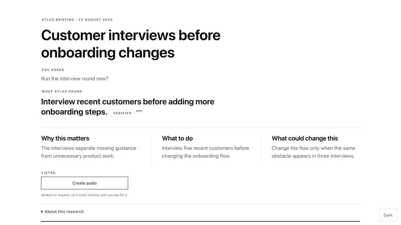 Sample Atlas customer briefing showing a verdict, evidence standing, and next action