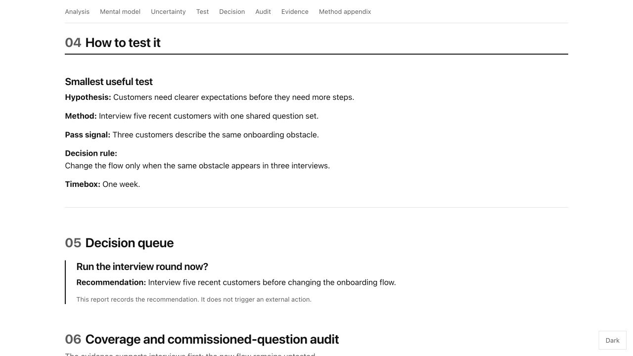 Sample Atlas report showing a recommendation, decision test, and evidence